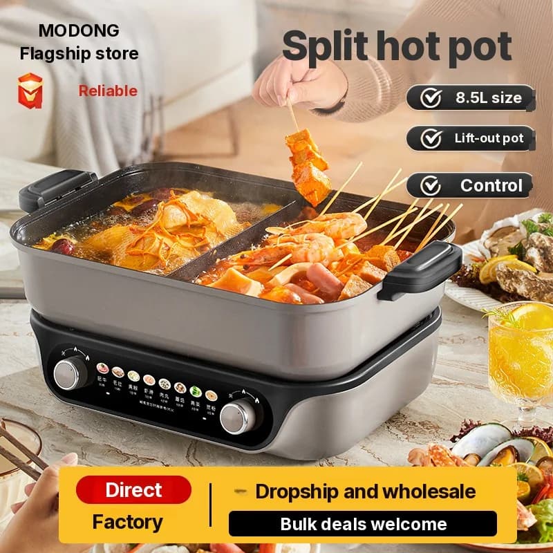 Elektryczny dzielony garnek hot pot, podwójne pokrętła, 8L, czarny