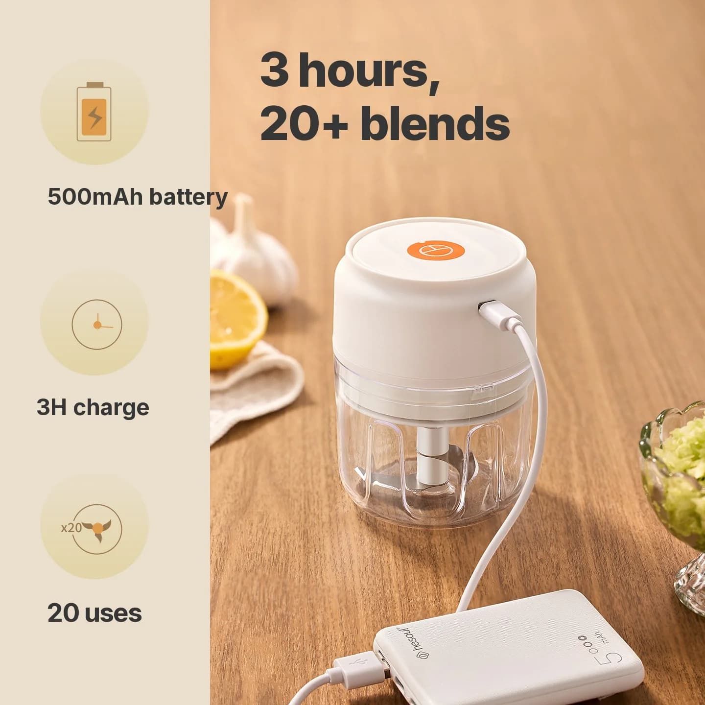 Bezprzewodowy elektryczny kubek do siekania czosnku 250mL 5V 30W plastikowy