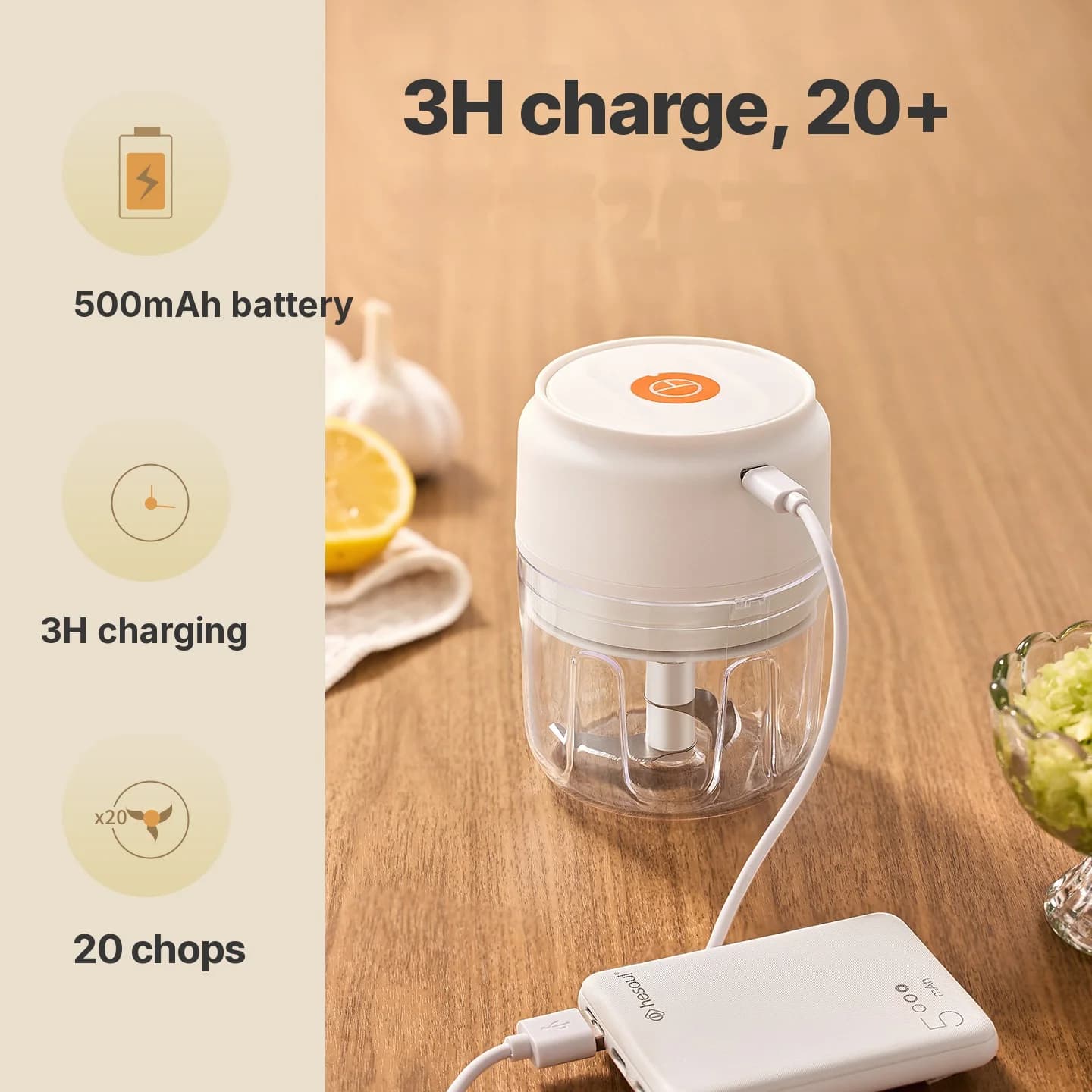 Bezprzewodowy elektryczny rozdrabniacz do czosnku 250mL 5V 30W Plastik